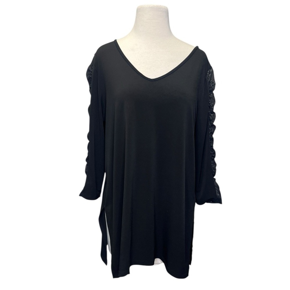 Clara Sun Woo Sheer Mesh Ruched Sleeve‎ Tunic Top Large Jersey Slinky Liquid